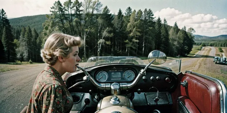 (((Ultra-HD-realistic-quality-details, first-person-pov))) 1girl, hillbilly, america-1960-era, riding-an-old-motorcycle, old-vintage-movie-scene, outdoors, cinematic