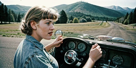 (((Ultra-HD-realistic-quality-details, first-person-pov))) 1girl, hillbilly, america-1960-era, riding-an-old-motorcycle, old-vintage-movie-scene, outdoors, cinematic