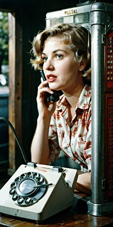 (((Ultra-HD-realistic-quality-details, first-person-pov))) 1girl, hillbilly, america-1960-era, calling-someone-using-telephone-with-dial-plate, old-vintage-movie-scene, outdoors, cinematic, phone-booth-interior