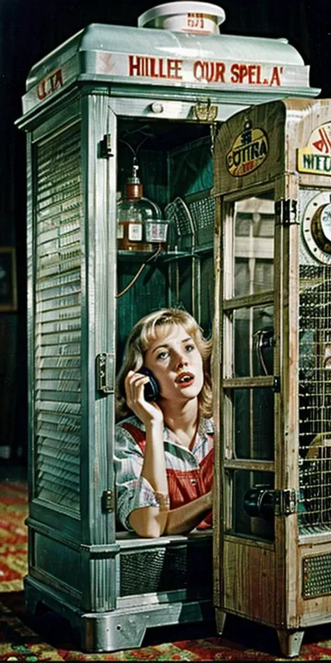 (((Ultra-HD-realistic-quality-details, first-person-pov))) 1girl, hillbilly, america-1960-era, calling-someone-using-telephone-with-dial-plate, old-vintage-movie-scene, outdoors, cinematic, phone-booth-interior