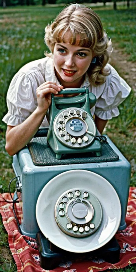 (((Ultra-HD-realistic-quality-details, first-person-pov))) 1girl, hillbilly, america-1960-era, using-telephone-with-dial-plate, old-vintage-movie-scene, outdoors, cinematic