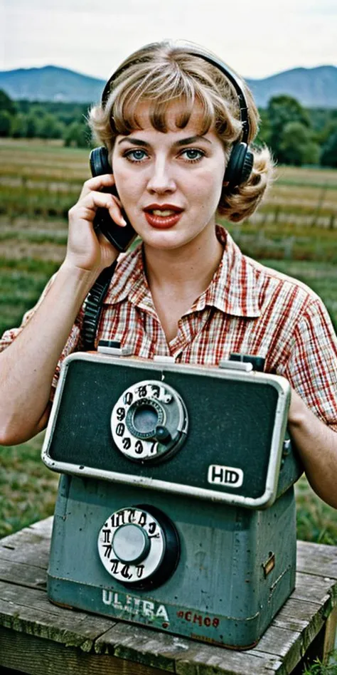 (((Ultra-HD-realistic-quality-details, first-person-pov))) 1girl, hillbilly, america-1960-era, calling-someone-using-telephone-with-dial-plate, old-vintage-movie-scene, outdoors, cinematic