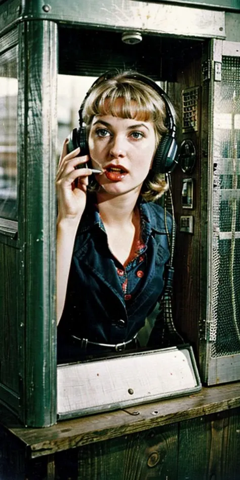 (((Ultra-HD-realistic-quality-details, first-person-pov))) 1girl, hillbilly, america-1960-era, calling-someone-using-telephone-with-dial-plate, old-vintage-movie-scene, outdoors, cinematic, phone-booth-interior