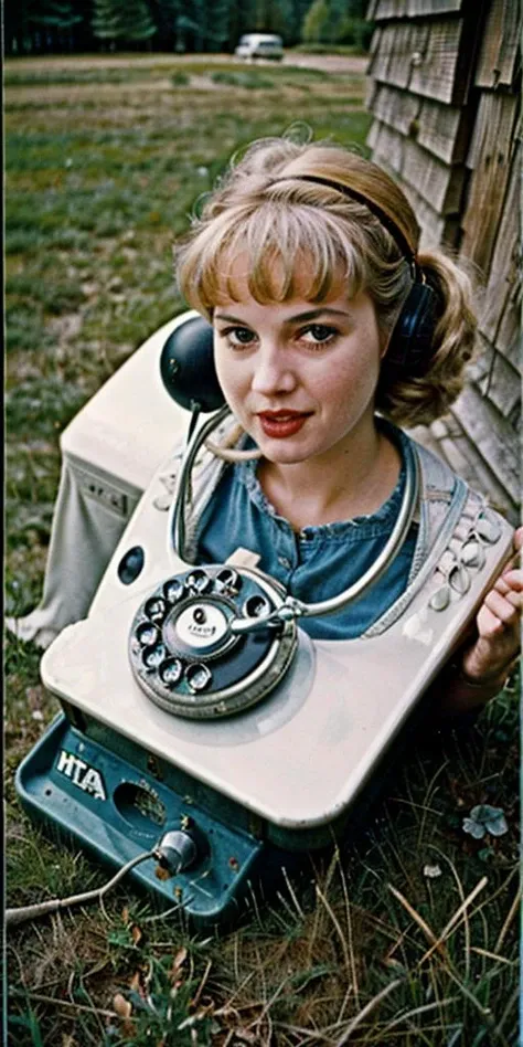 (((Ultra-HD-realistic-quality-details, first-person-pov))) 1girl, hillbilly, america-1960-era, using-telephone-with-dial-plate, old-vintage-movie-scene, outdoors, cinematic