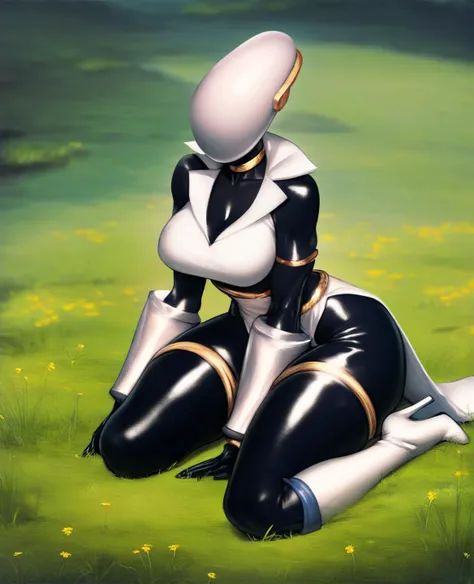 score_9, score_8_up, score_7_up, score_6_up, digital media \(artwork\), 1girl, solo, standing, artificer, artificer \(risk of rain\), accessory, anthro, breasts, black body, black skin, boots, breasts, clothed, clothing, footwear, gold \(metal\), gold choker, gold jewelry, gold legband, gold necklace, high heeled boots, high heels, jewelry, not furry, outside, white clothing, white footwear, white high heels, helmet, faceless character, white helmet, (detailed background:1.2), grass field, field, grass, sitting, sitting on ground, outside, wide hips, thick thighs
 <lora:artificer_pdxl_:1>