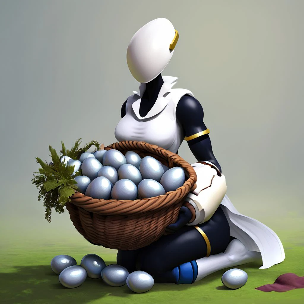 1girl, solo, <lora:artificer_pdxl_:1.1>, artificer, in a basket with eggs,