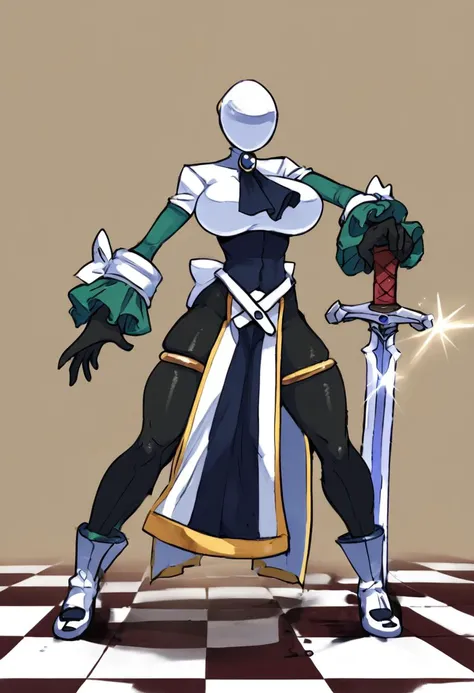 1girl, solo, <lora:artificer_pdxl_:0.9>, artificer, <lora:MagicKnight-XL10:0.75>, magicknightxl, pelvic curtain, cosplay, (large breasts:1.2), black skin, black bodysuit, ascot, brooch, leotard, green sleeves, glowing sword, sword, holding, weapon, (juliet sleeves:1.1), leaning on sword, standing, full body, legs apart, gauntlets, impossible shirt, white shirt, score_5_up, score_6_up, chessboard, checkered floor, yellow-brown background, two-tone background,