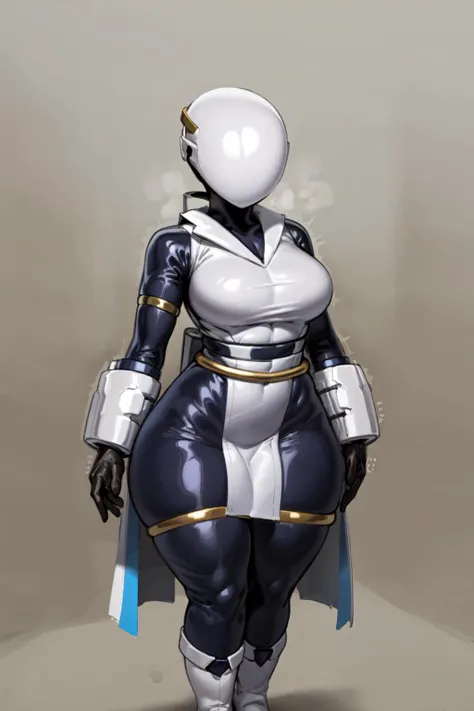 1girl, solo, standing, bodysuit, skin tight, helmet, gloves, boots, ((pelvic curtain)), facing viewer, looking at viewer, breasts