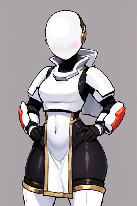 1girl, solo, standing, bodysuit, skin tight, helmet, gloves, boots, breastplate, white armor, ((pelvic curtain)), simple background, ((portrait, upperbody)), facing viewer, looking at viewer, blush, blush stickers