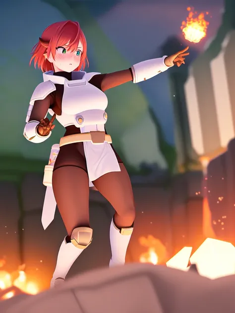<lora:SakuraVRC:0.5>, SakuraVRC, masterpiece, best quality, perfect lighting, (depth of field),1girl, 1other, solo, red hair, short hair, green eyes, blush, artificer, white bodysuit, skin tight, gloves, boots, breastplate, ((white tabard, tabard, pelvic curtain)), ((flying, floating)), outside, ruins, side view, gauntlets, fire, magic, attacking, casting spell, petite, tall <lora:artificerRiskOfRain_v1:0.8>