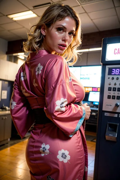 high fashion photography photo of CascaAkashova, (wearing kimono:1.3), gas station, upper body, soft lighting, eye level, <lora:CascaAkashova:1>