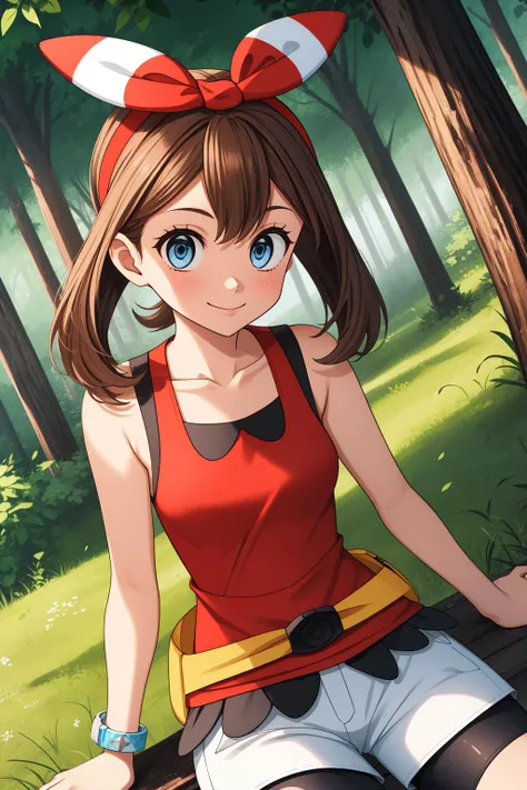 pkmnmay, 1girl, solo, blue eyes, brown hair, bangs, hair ribbon, red hairband, bow hairband,
red shirt, tank top, sleeveless, white shorts, black bike shorts, bike shorts under shorts, bracelet,
smile,closed mouth,cowboy shot,sitting,
forest,outdoor,
(insanely detailed, beautiful detailed face, masterpiece, best quality) cinematic lighting,<lora:PKMN_May_Gen6_v1:1>, <lora:more_details:0.3>,