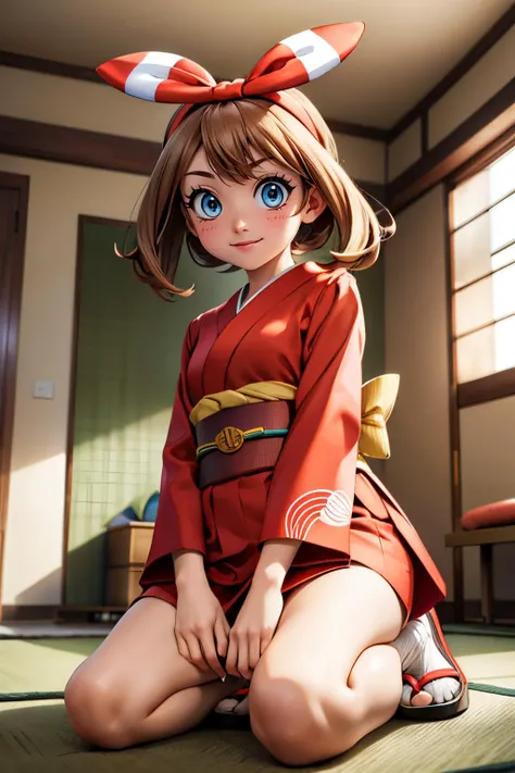 pkmnmay, blue eyes, brown hair, bangs, hair ribbon, red hairband, traditional kimono, sash, long sleeves, looking at viewer, serious, smiling, kneeling, inside japanese living room, on floor, high quality, masterpiece,
<lora:PKMN_May_Gen6_v1:.9>