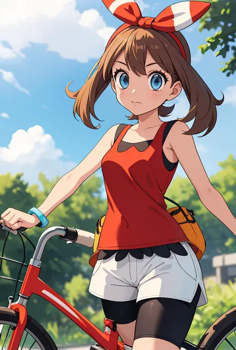 (masterpiece, best quality), 1girl, <lora:PKMN_May_Gen6_v1:0.8> pkmnmay, 1girl, solo, blue eyes, brown hair, bangs, hair ribbon, red hairband, bow hairband,, red shirt, tank top, sleeveless, white shorts, black bike shorts, bike shorts under shorts, bracelet,