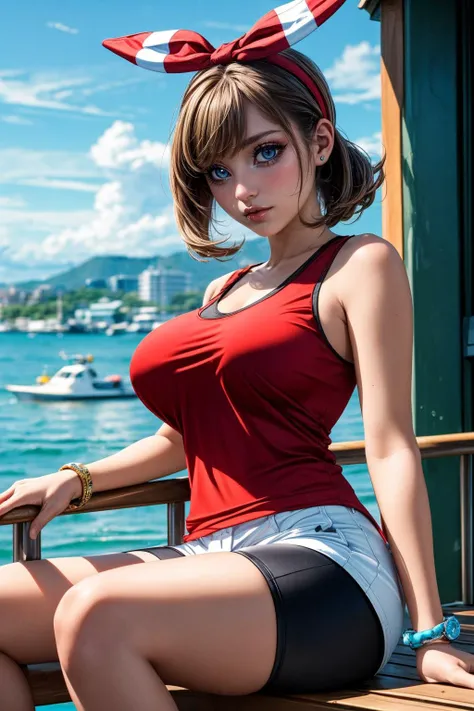(ultra realistic,32k, masterpiece:1.2),(high detailed skin:1.1),( high quality:1.1),
<lora:PKMN_May_Gen6_v1:0.8>(sigh:1.1),pkmnmay, 1girl, solo, blue eyes, brown hair, bangs, hair ribbon, red hairband, bow hairband,red shirt, tank top, sleeveless, white shorts, black bike shorts, bike shorts under shorts, bracelet, waterfront boardwalk, ocean views, bustling shops, leisurely stroll blurry background,(looking at viewer, sitting, from below:1.1),, (huge breast,large breast:1.1),<lora:add_detail:1>,
(tenebrism:1.1),