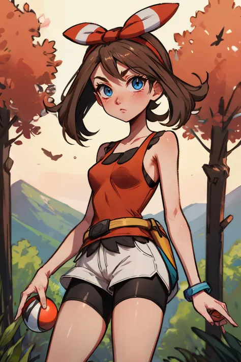 pkmnmay, blue eyes, brown hair, hair ribbon, red hairband,red tank top, white shorts, black bike shorts, bike shorts under shorts, bracelet, looking at viewer, serious, standing, holding poke ball, outside, mountain, trees, dusk, sunset, high quality, masterpiece,
<lora:PKMN_May_Gen6_v1:.9>