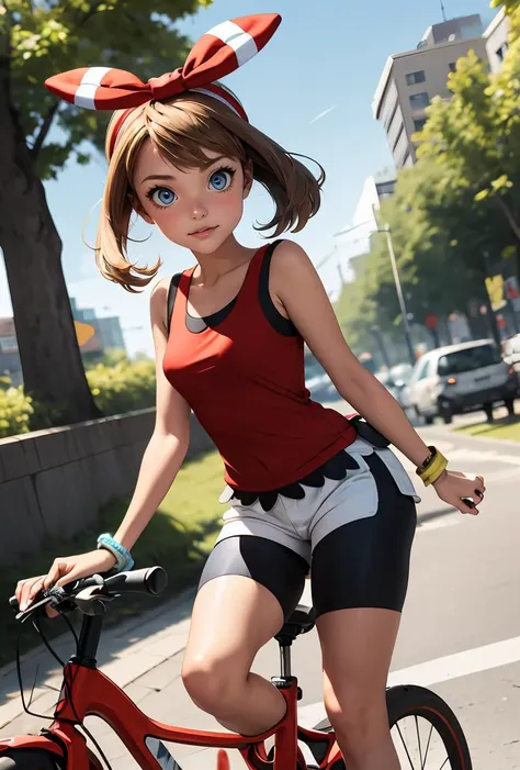 (masterpiece, best quality), 1girl, <lora:PKMN_May_Gen3_v1:0.8> pkmnmay, 1girl, solo, blue eyes, brown hair, bangs, hair between eyes, red bandana,, short sleeves, red jacket, wing collar, white skirt, black shorts, bike shorts, bike shorts under skirt, white gloves, black gloves, two-tone gloves,