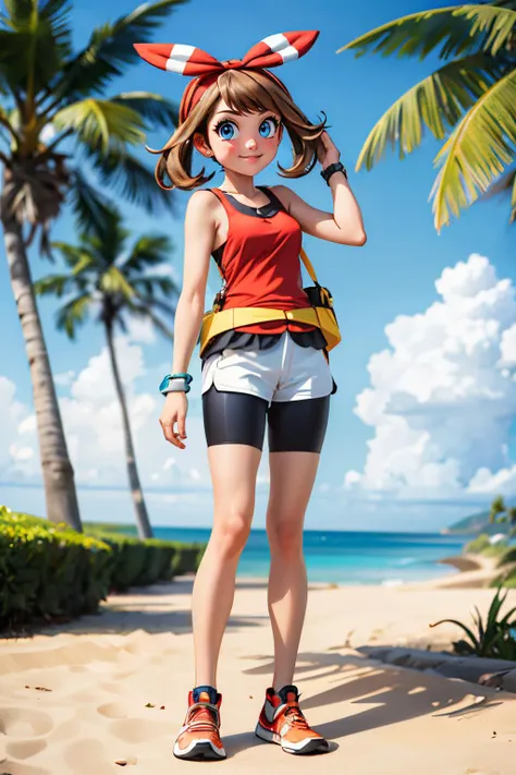 pkmnmay, blue eyes, brown hair, bangs, hair ribbon, red hairband,red tank top, white shorts, black bike shorts, bike shorts under shorts, bracelet, shoes, looking at viewer, smiling, full body shot, standing, outside, beach, palm trees, sunny, high quality, masterpiece,
<lora:PKMN_May_Gen6_v1:.9>