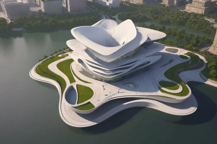 ((Best quality)),((masterpiece)),((realistic)), aerial view, digital painting, 3D rendering techniques, masterpiece, building,<lora:zaha:0.6>, zaha, Pebbles,lily \(flower\),