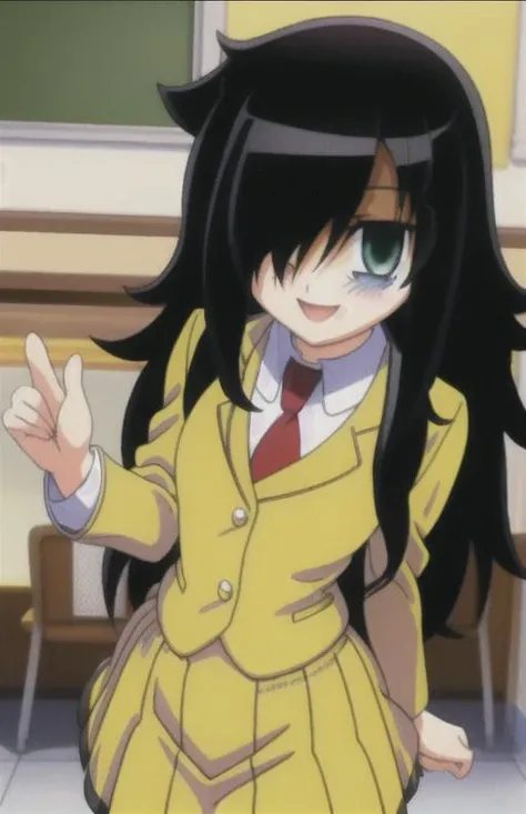 <lora:TomokoKuroki:1>, ((solo)) black hair,green eyes, hair covering eye, ((yellow school uniform)), red tie, masterpiece, fine details, ((retro artstyle))