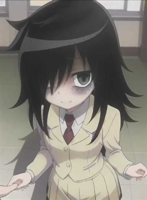 <lora:TomokoKuroki:1>, full shot, high angle, (black hair), green eyes, hair covering eye, (((yellow school uniform))), red tie, holding your hand, style of watamote, masterpiece, fine details, cute, blushing, nervous
