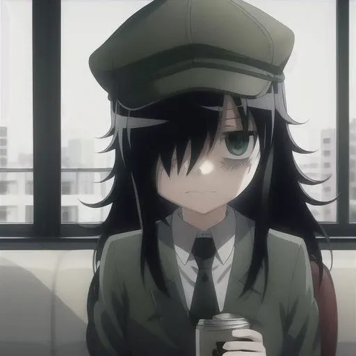 <lora:TomokoKuroki:1>, eternal sunshine of the spotless mind, watashi ga motenai no wa dou kangaetemo omaera ga warui!, doomer, kuroki tomoko, kurokimoko, 1girl, autumn, bags under eyes, beanie, black hair, black headwear, black jacket, blurry, blurry background, car, closed mouth, cup, depressed, diner, green eyes, ground vehicle, hair over one eye, hat, holding, holding pencil, house, indoors, jacket, ketchup, ketchup bottle, long hair, mojo, motor vehicle, one eye covered, parody, pencil, sad, solo, spoon, sports utility vehicle, writing
