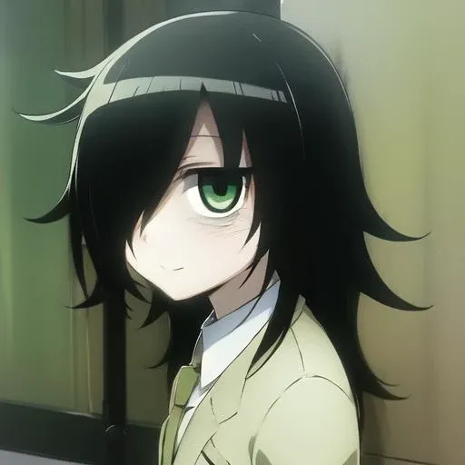(masterpiece, detailed), kuroki-tomoko, green eyes, hair over one eye, bags under eyes,  yellow unform, full body, <lora:tomoko-kuroki-v2-2:1>