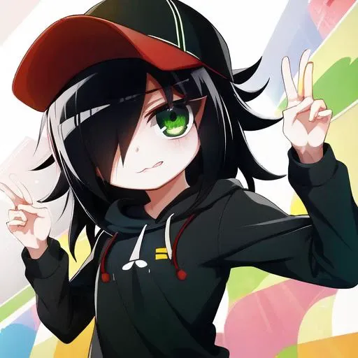 (masterpiece, best quality), kuroki-tomoko, hair over one eye, green eyes, black hooded pullover, red cap, brown shorts, looking at viewer, american shot, <lora:tomoko-kuroki-v2-2:1>