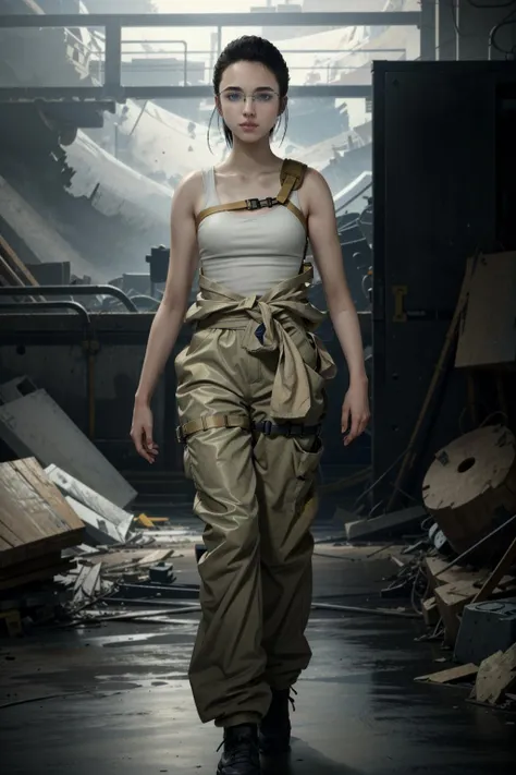 MamaDS, 1girl, realistic, black hair, solo, glasses, science fiction, looking at viewer, lips, wrench, jumpsuit, tank top, parted lips, full body
masterpiece, best quality,
<lora:epi_noiseoffset2:1>,   <lora:MamaDS:0.7>