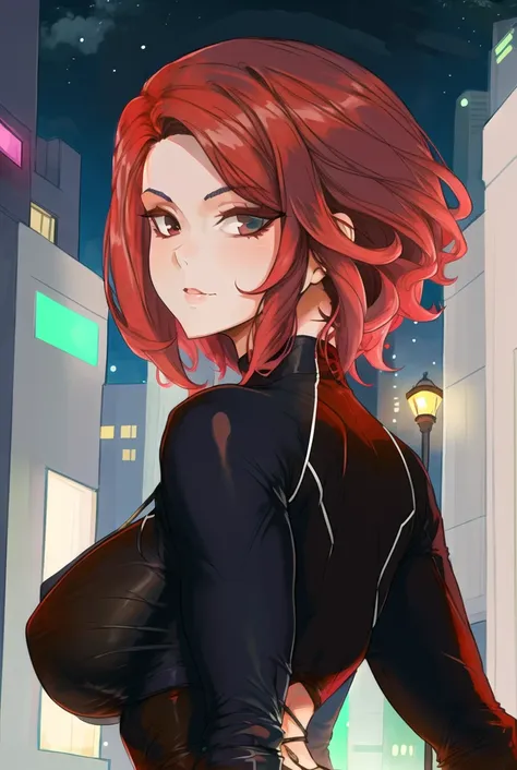 front portrait of a beautiful redhead woman, black black_widow_(cosplay), short hair, night city, pastel_colors <lora:CuteSexyRobutts-56:0.85>