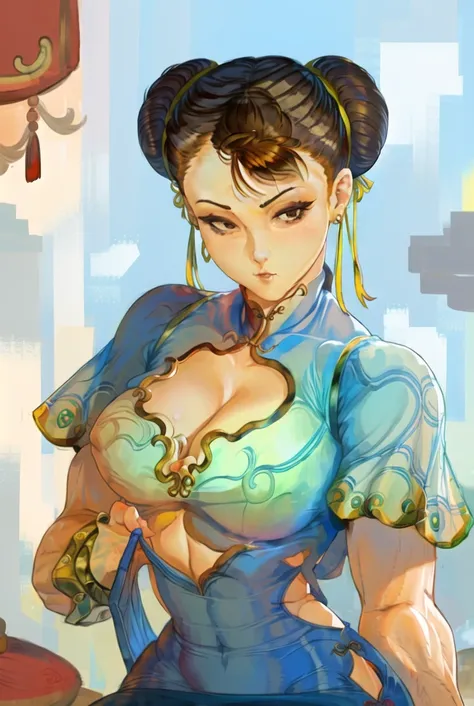 1girl, blue_dress, breasts, brown_eyes, brown_hair, china_dress, chinese_clothes, chun-li, cleavage, cleavage_cutout, clothes_lift, clothing_cutout, double_bun, dress, earrings, jewelry, large_breasts, solo, pastel_colors <lora:CuteSexyRobutts-56:0.85>