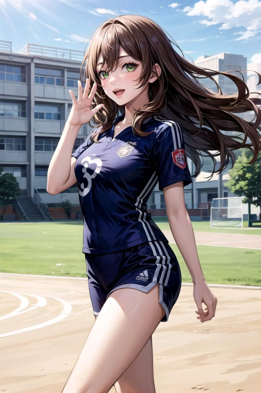 (masterpiece, best quality, detailed), 1girl, solo, looking at viewer, aalisa, long hair, hair flower, green eyes,
<lora:Soccer Uniform By Stable Yogi:0.5>, soccer uniform, <lora:school_yard_v0.1:1>, school yard, field, waving, hand up, arm up, walking, smile, open mouth