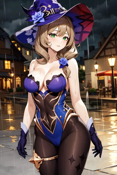 masterpiece, best quality, highres, cclisa, long hair, hair flower, green eyes, witch hat, collarbone, bare shoulders, gold trim, purple leotard, black gloves, (pantyhose:1.2), <lora:lisa_v1:0.7>, (rain:1.2), night, wet, town, outdoors