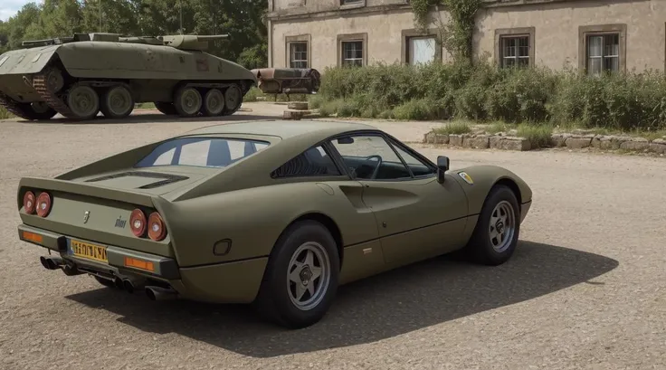 (long shot1.5) Gorgeously rendered 4k high-definition photograph of a hyper-realistic camouflage matte olive drab 288gto (slightly above:1.5) parked in wwii Berlin village, towed artillery, vintage military tank, studio lighting, <lora:288gto:0.35>