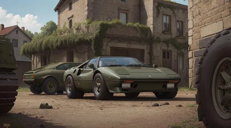 (long shot1.5) Gorgeously rendered 4k high-definition photograph of a hyper-realistic matte olive drab 288gto (slightly above:1.5) parked in wwii Berlin village, towed artillery, vintage military tank, studio lighting, <lora:288gto:0.4>