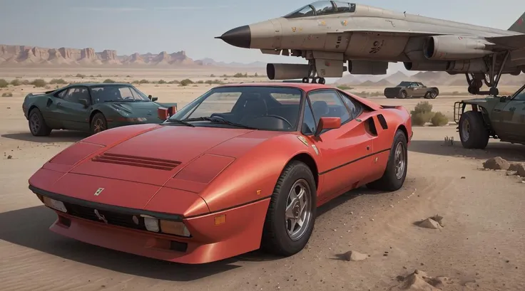 (establishing shot1.5) Gorgeously rendered 4k high-definition photograph of a desert camouflage 288gto in the Middle East, (military jets in background), studio lighting, <lora:288gto:0.4>