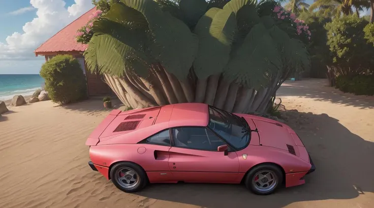 (medium shot1.5) Gorgeously rendered 4k high-definition photograph of a hyper-realistic matte pink 288gto (low view:1.5) parked on a Malibu beach, palm trees, ocean waves, Barbie Dream House, studio lighting, <lora:288gto:0.4>