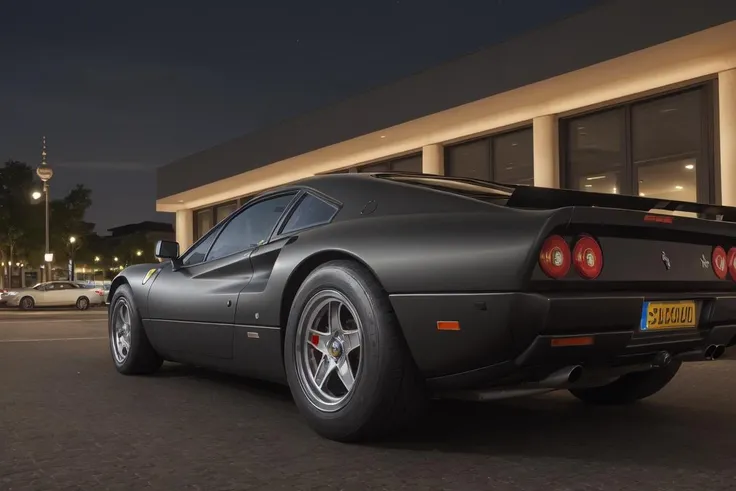 (medium shot:1.5) Gorgeously rendered 4k high-definition photograph of a hyper-realistic matte black 288gto with chrome supercharger (low view:1.5) parked in (((downtown Berlin at night))), studio lighting, ((oversized wide rear tires)) <lora:288gto:0.3>