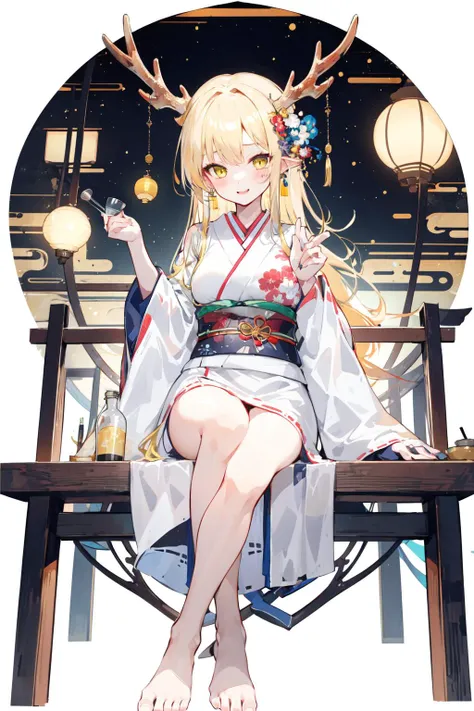 -dragon girl, 1girl, blonde hair, long hair, solo, horns, very long hair, sitting, yellow eyes, chair, forehead mark, facial mark, cup, lantern, looking at viewer, holding, white background, japanese clothes, kimono, smile, simple background, barefoot, holding cup, bottle, tokkuri, wide sleeves, blush, antlers, alcohol<lora:dragon girl_20240110103648-000018:0.8>,