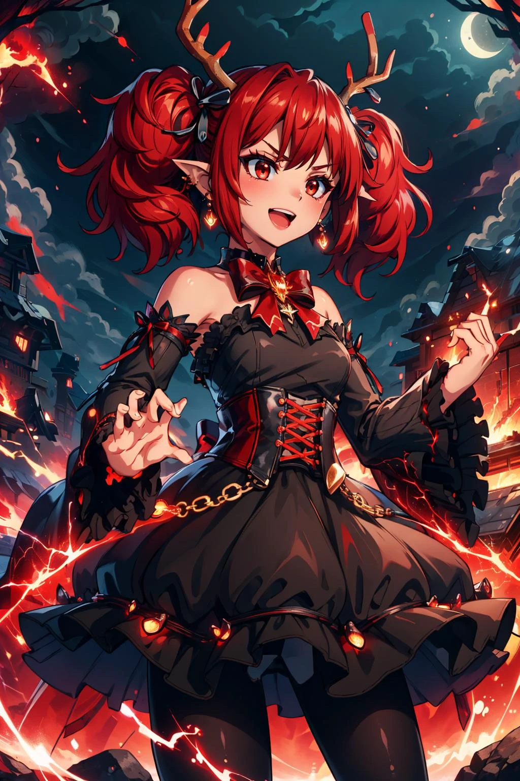 masterpiece, best quality, <lora:edgRageAura:1> red aura,wearing red light coating,deer antlers,red electricity <lora:dnfenchantress-nvwls-v1:0.8> dnfEnchantress, twintails, hair bow, earrings, bare shoulders, black dress, corset, detached sleeves, black pantyhose, furrowed brow, :D, night sky