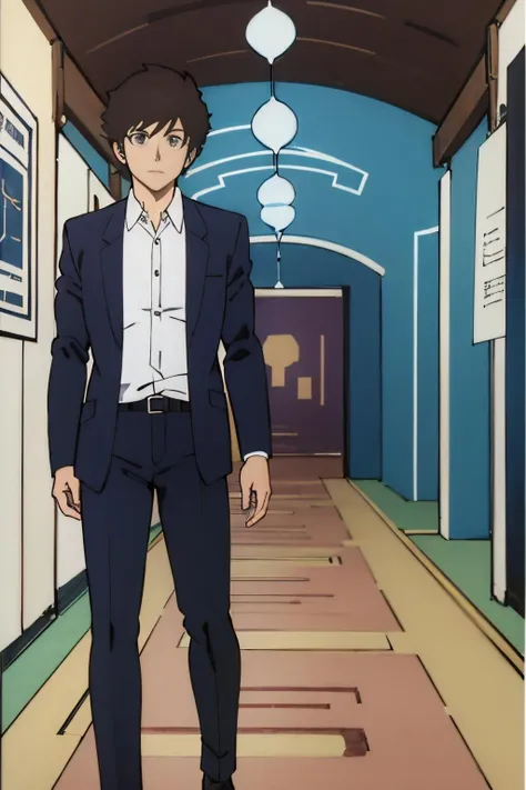 full body shot, solo, 1boy, short hair, blue eyes, brown hair, Black suit, white dress shirt, and black leather shoes, retro artstyle, style parody, anime coloring, A magical, mystical underground labyrinth filled with hidden treasures and artifacts., <lora:EdobUruseiYatsuraAtaru_v1.0:0.8>