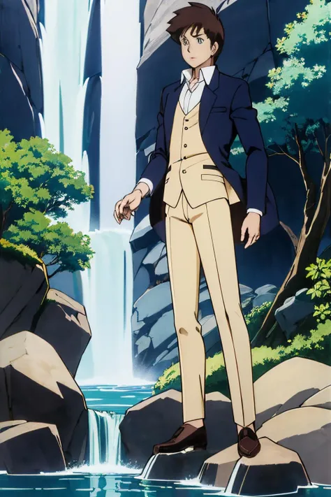full body shot, solo, 1boy, short hair, blue eyes, brown hair, Navy blue blazer, white dress shirt, and black dress pants, retro artstyle, style parody, anime coloring, A majestic, mystical waterfall cascading into a pool of crystal-clear water., <lora:EdobUruseiYatsuraAtaru_v1.0:0.8>