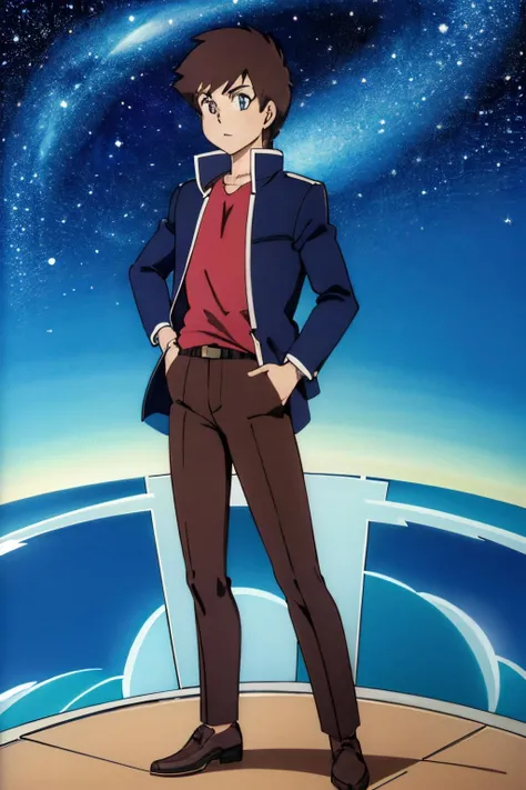 full body shot, solo, 1boy, short hair, blue eyes, brown hair, shirt, long sleeves, jacket, pants, retro artstyle, style parody, anime coloring, A breathtaking, star-filled sky that glimmers with magic and wonder., <lora:EdobUruseiYatsuraAtaru_v1.0:0.8>