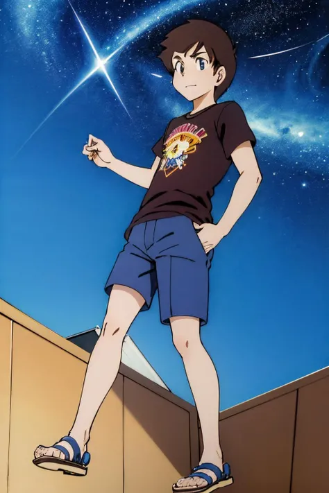 full body shot, solo, 1boy, short hair, blue eyes, brown hair, Graphic tee, chino shorts, sandals, retro artstyle, style parody, anime coloring, A breathtaking, star-filled sky that glimmers with magic and wonder., <lora:EdobUruseiYatsuraAtaru_v1.0:0.8>