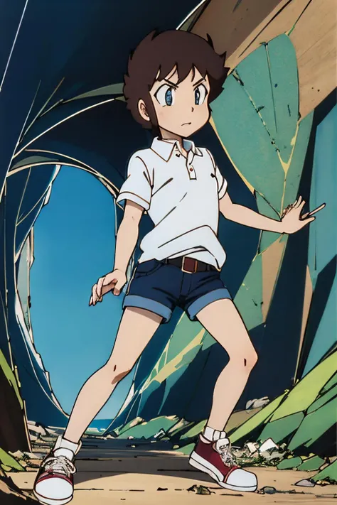 full body shot, solo, 1boy, short hair, blue eyes, brown hair, Polo shirt, denim shorts, sneakers, retro artstyle, style parody, anime coloring, A vast, underground cavern filled with glittering gems and ancient artifacts., <lora:EdobUruseiYatsuraAtaru_v1.0:0.8>