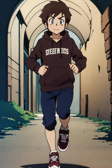 full body shot, solo, 1boy, short hair, blue eyes, brown hair, Hoodie, sweatpants, running shoes, retro artstyle, style parody, anime coloring, A vast, underground network of tunnels filled with hidden dangers and secret treasures., <lora:EdobUruseiYatsuraAtaru_v1.0:0.8>