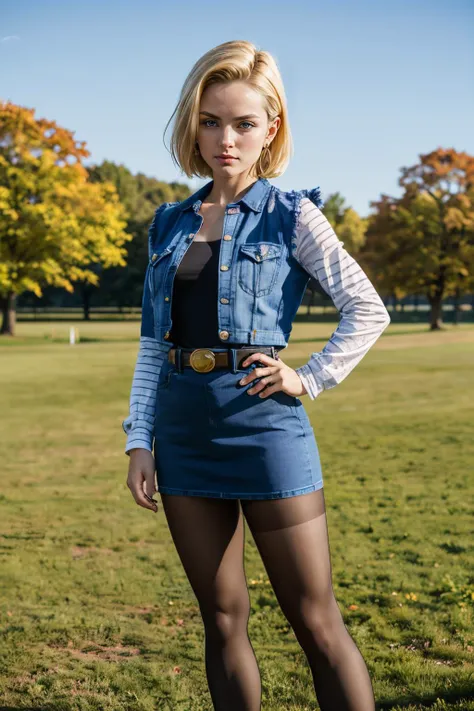 android 18, blue eyes, short blonde hair, earrings, denim skirt, black shirt, long striped sleeves, brown belt, black pantyhose, denim vest, looking at viewer, serious, standing, outside, park, field, grass, winter, blue sky, high quality, masterpiece, <lora:DBZ_Android18_v1:.9>