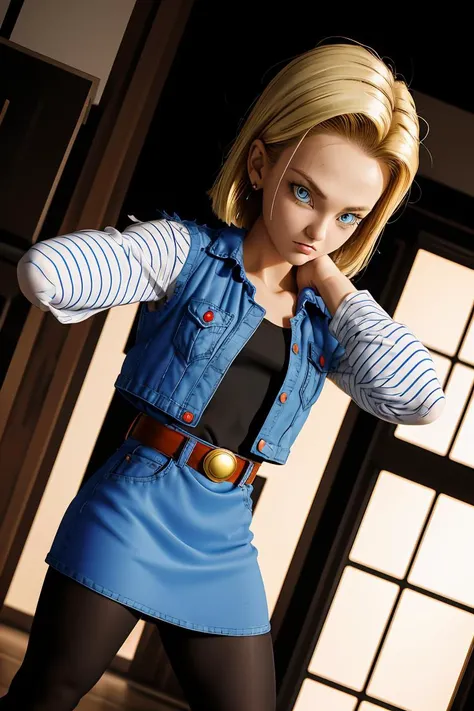 (masterpiece, best quality), 1girl,  <lora:DBZ_Android18_v1:1> android 18, 1girl, solo, blue eyes, short hair, blonde hair, earrings, || denim skirt, blue skirt, pencil skirt, black shirt, long sleeves, striped sleeves, brown belt, black pantyhose, denim vest, blue vest,