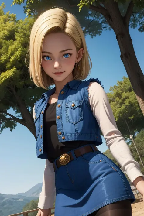 android 18, 1girl, solo, blue eyes, short hair, blonde hair, earrings,
denim skirt, blue skirt, pencil skirt, black shirt, long sleeves, striped sleeves, brown belt, black pantyhose, denim vest, blue vest,
smile,closed mouth,cowboy shot,
forest,outdoor,
(insanely detailed, beautiful detailed face, masterpiece, best quality) cinematic lighting,<lora:DBZ_Android18_v1:1>, <lora:more_details:0.3>,