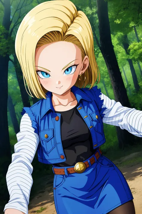 android 18, 1girl, solo, blue eyes, short hair, blonde hair, earrings,
denim skirt, blue skirt, pencil skirt, black shirt, long sleeves, striped sleeves, brown belt, black pantyhose, denim vest, blue vest,
smile,closed mouth,cowboy shot,
forest,outdoor,
(insanely detailed, beautiful detailed face, masterpiece, best quality) cinematic lighting,<lora:DBZ_Android18_v1:1>, <lora:more_details:0.3>,